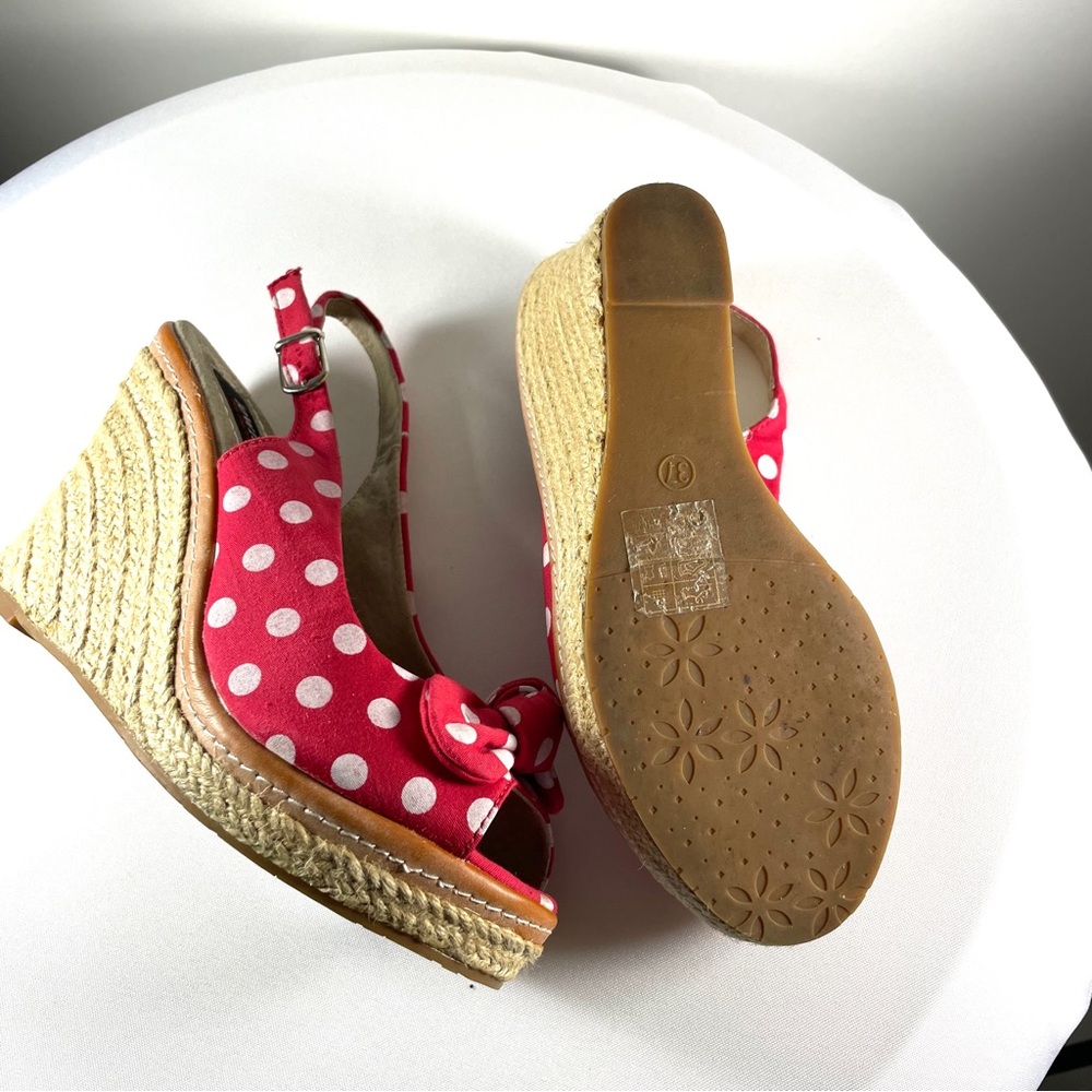 Townshoes Red and White Polka-Dot Bow Espadrille Sling-Back Wedge Sandals Sz7 - Picture 6 of 14